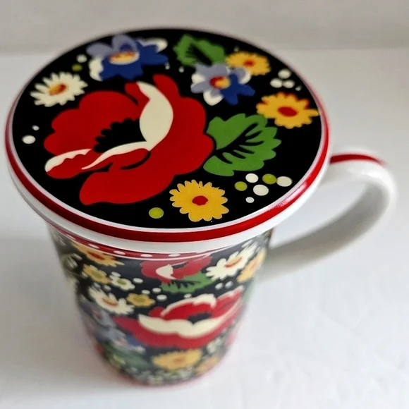 VERA BRADLEY POPPY FIELDS COFFEE MUG WITH LID RED BLACK BLUE - Picture 2 of 8